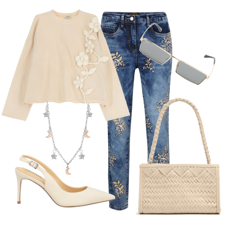 Outfit donna - Immersione floreale. Stile Casual chic per Tutti i giorni. Abbinamento con jeans, décolleté, collane, felpe, borse a spalla, occhiali da sole.