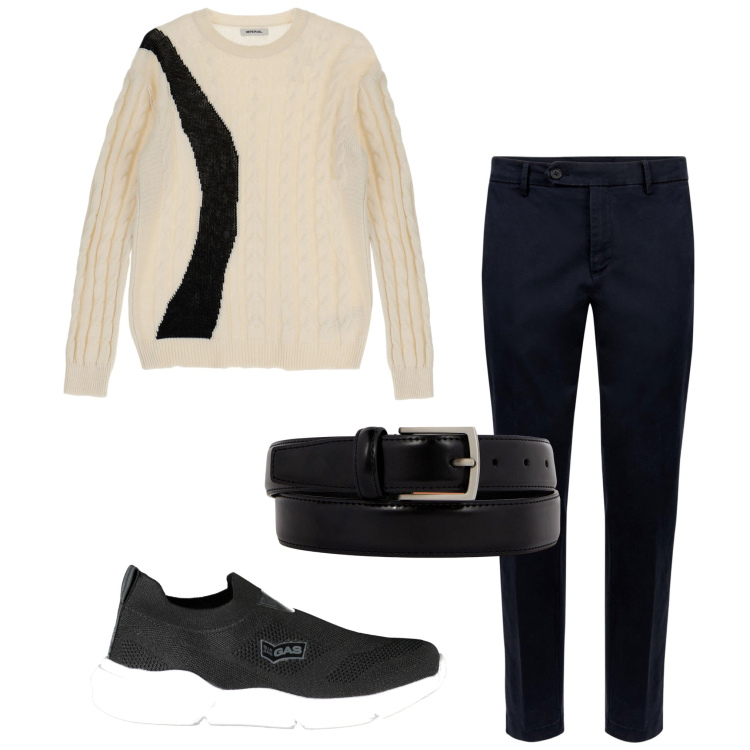 Outfit uomo - In città. Stile Trendy per Tutti i giorni. Abbinamento con pullovers, pantaloni chino, sneakers, cinture.