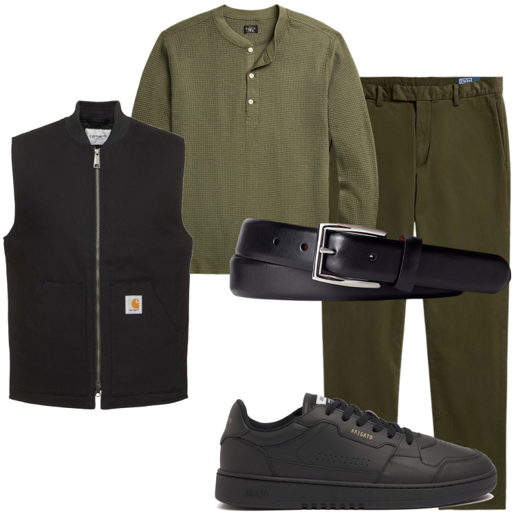 Outfit uomo - In città. Stile Urban per Tutti i giorni. Abbinamento con cinture, pantaloni, t-shirt, gilet, sneakers.