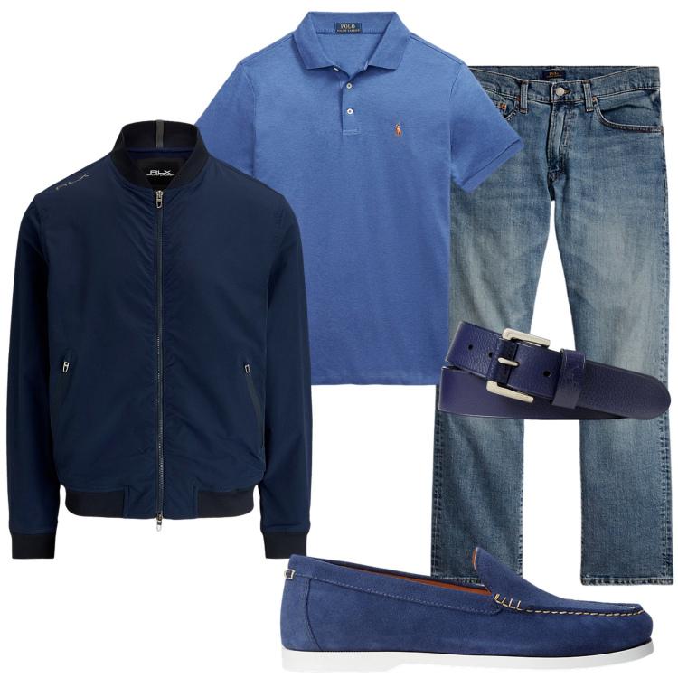 Outfit uomo - In città. Stile Urban per Tutti i giorni. Abbinamento con scarpe stringate, polo, jeans dritti, giacche sportive, cinture.
