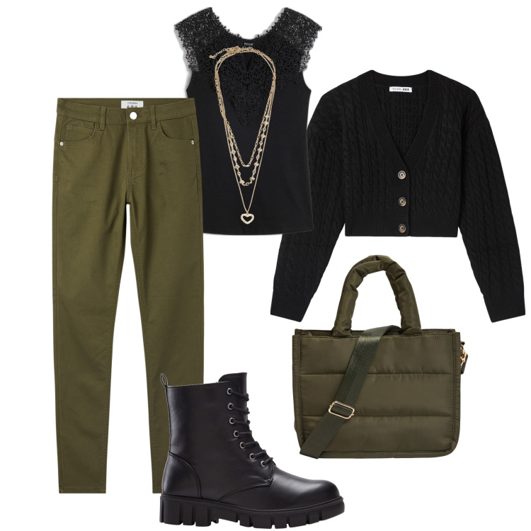 Outfit donna - Giornata di commissioni. Stile Urban per Tutti i giorni. Abbinamento con top, stivaletti, cardigans, collane, pantaloni skinny, shopping bag.