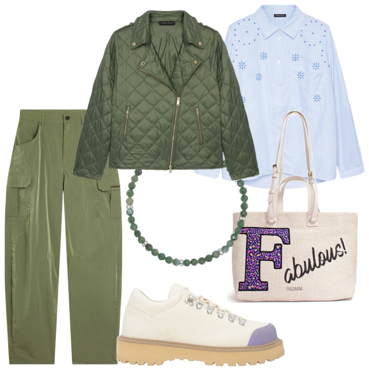 Outfit donna - Total look #1959158. Stile Preppy per Tutti i giorni. Abbinamento con scarpe stringate, braccialetti, pantaloni cargo, borse a tracolla, piumini, camicie.
