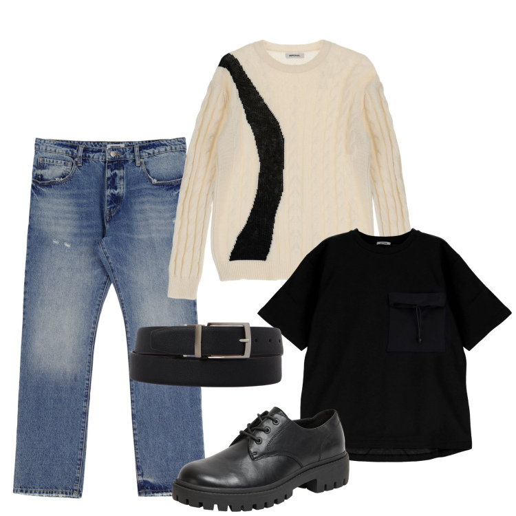 Outfit uomo - Un pomeriggio. Stile Urban per Tutti i giorni. Abbinamento con scarpe stringate, t-shirt, pullovers, jeans, cinture.