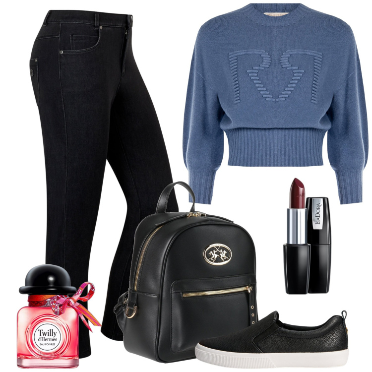 Outfit donna - Total look #1959169. Stile Sporty chic per Tutti i giorni. Abbinamento con zaini, profumi, rossetti, maglieria, jeans skinny, sneakers.