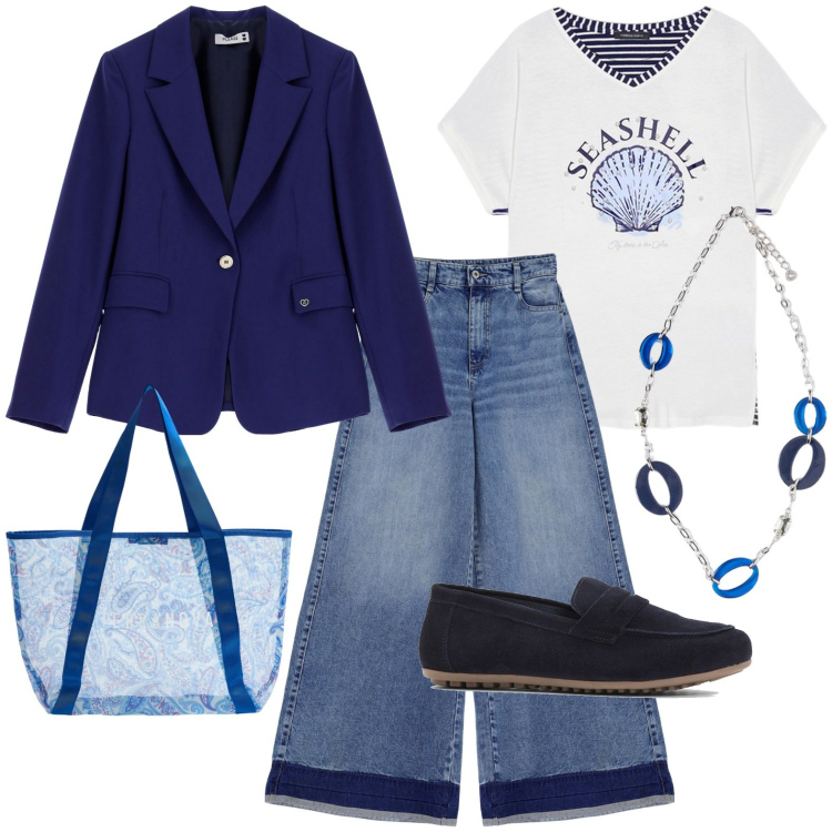 Outfit donna - Total look #1959171. Stile Casual per Tutti i giorni. Abbinamento con mocassini, shopping bag, jeans, blazer, ciondoli, t-shirt.