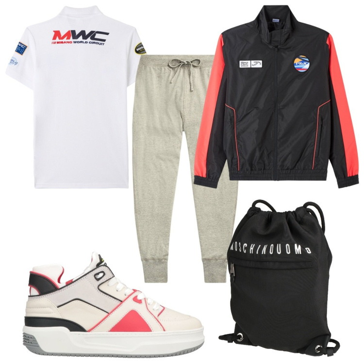 Outfit uomo - Total look #1959224. Stile Trendy per Sport. Abbinamento con borse sportive, sneakers alte, giacche, polo, pantaloni.