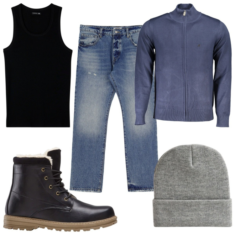 Outfit uomo - Total look #1959225. Stile Trendy per Tutti i giorni. Abbinamento con stivali e stivaletti, canottiere, berretti, jeans, cardigans.