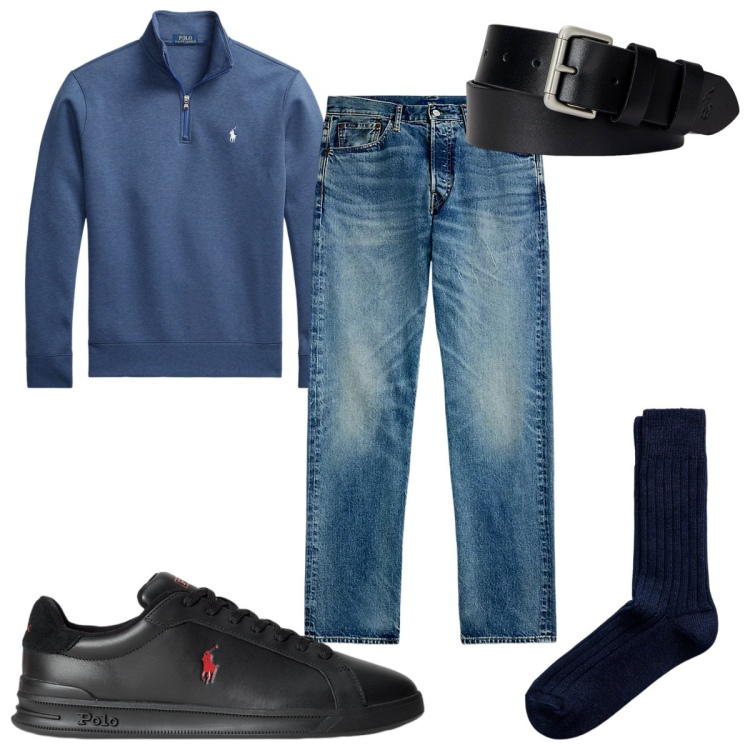 Outfit uomo - Total look #1959226. Stile Casual per Tutti i giorni. Abbinamento con pullovers, cinture, sneakers, calzini, jeans dritti.