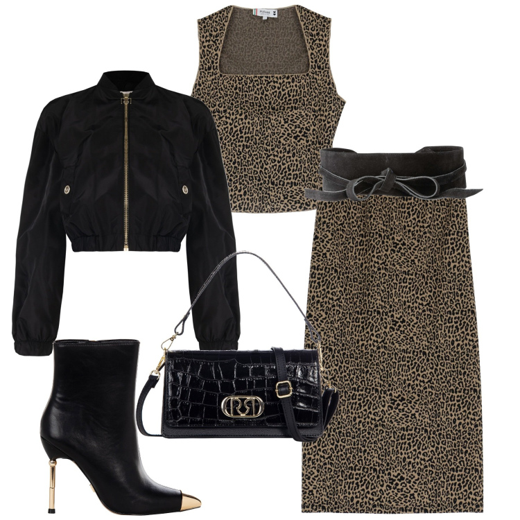 Outfit donna - Animal print. Stile Glamour per Serata fuori. Abbinamento con cinture, bomber, stivaletti, borse a tracolla, gonne longuette, top.