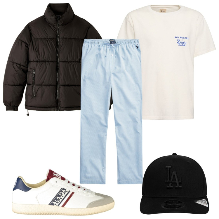 Outfit uomo - Total look #1959232. Stile Trendy per Tutti i giorni. Abbinamento con piumini, pantaloni, cappelli con visiera, sneakers, t-shirt.