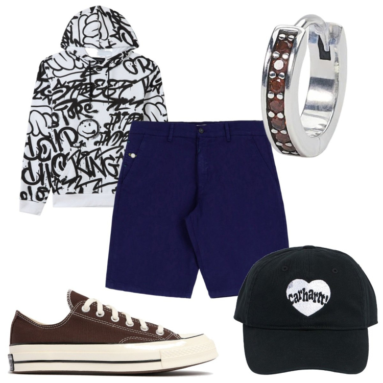 Outfit uomo - Total look #1959233. Stile Urban per Tutti i giorni. Abbinamento con felpe con cappuccio, orecchini, bermuda, sneakers, cappelli.