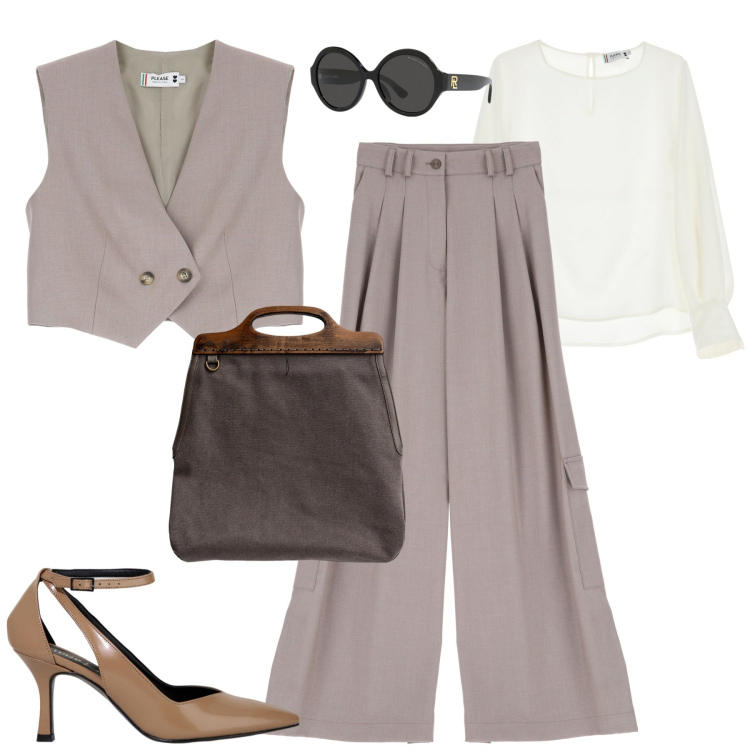 Outfit donna - City. Stile Trendy per Tutti i giorni. Abbinamento con pantaloni cargo, gilet, camicie, décolleté, occhiali da sole, borse a tracolla.