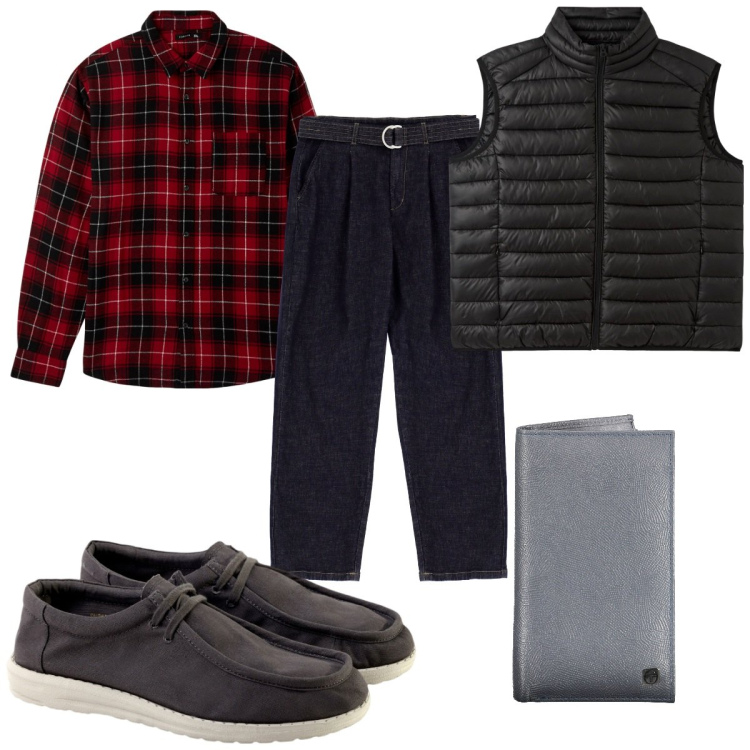 Outfit uomo - Total look #1959260. Stile Casual per Tutti i giorni. Abbinamento con camicie, gilet, jeans dritti, portafogli, scarpe stringate.
