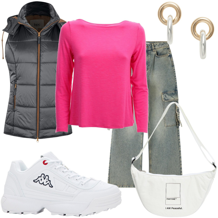 Outfit donna - Jeans con un piumino. Stile Casual per Tutti i giorni. Abbinamento con gilet, sneakers, marsupi, jeans, orecchini, maglieria.