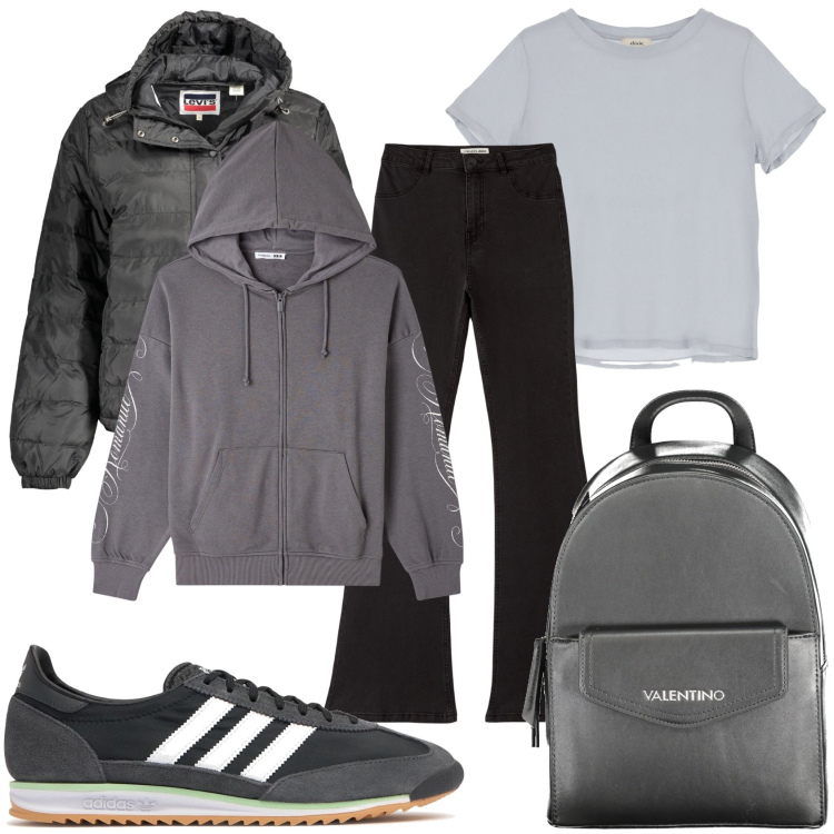 Outfit donna - Giornata di pioggia. Stile Casual per Tutti i giorni. Abbinamento con felpe con cappuccio, jeggings, t-shirt, blazer, zaini, sneakers.