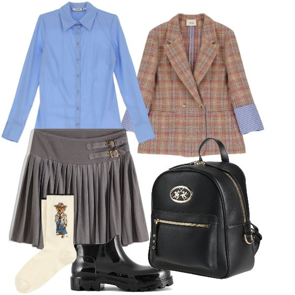 Outfit donna - Preppy Style. Stile Preppy per Tutti i giorni. Abbinamento con gonne, zaini, camicie, blazer, calzini, stivali.