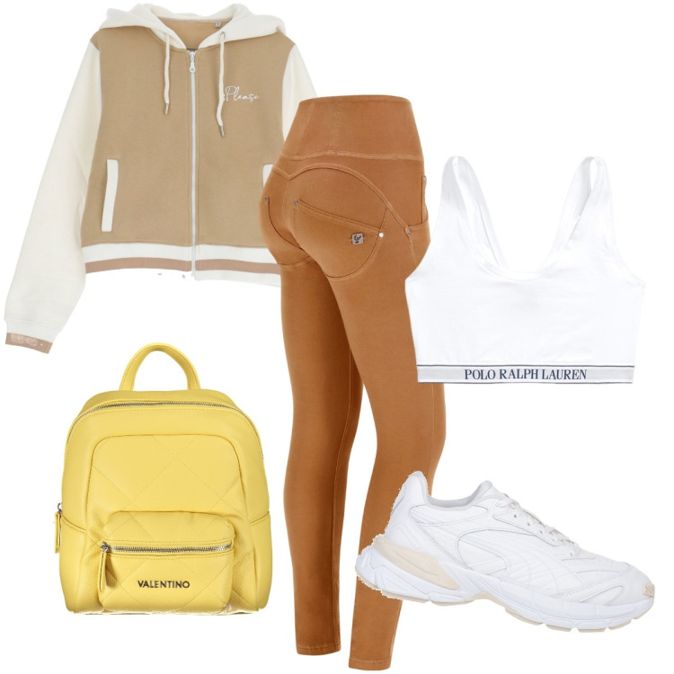 Outfit donna - Oggi tonificazione. Stile Sporty chic per Sport. Abbinamento con sneakers, felpe con cappuccio, pantaloni skinny, canottiere, zaini.