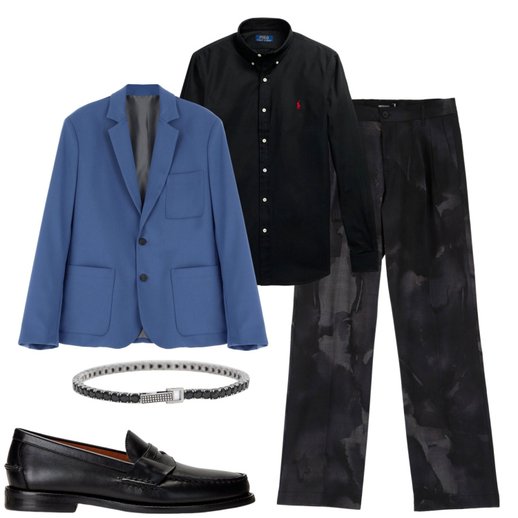 Outfit uomo - Serata. Stile Trendy per Serata speciale. Abbinamento con braccialetti, giacche, pantaloni, camicie, scarpe stringate.