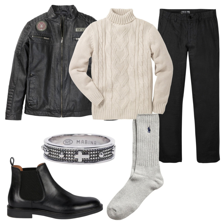 Outfit uomo - Grigio freddo. Stile Casual per Tutti i giorni. Abbinamento con pantaloni, giacche, maglieria, anelli, calzini, stivali e stivaletti.