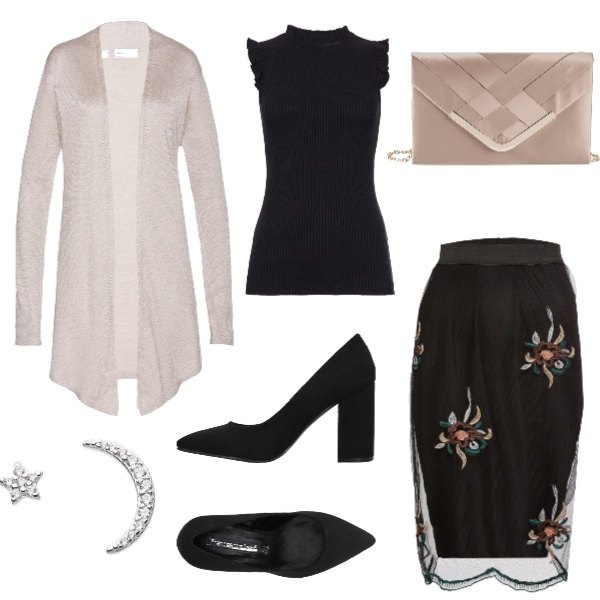 Outfit donna - Cerimonia semplice. Stile Bon Ton per Cerimonia. Abbinamento con gonne, gonna nero, cardigan in in maglia argento e corda, décolleté effetto scamosciato con tacco squadrato a punta tinta unita, maglia con ruches e scollo senza maniche aderente nero, orecchini a perno farfallina effetto lucido argento.