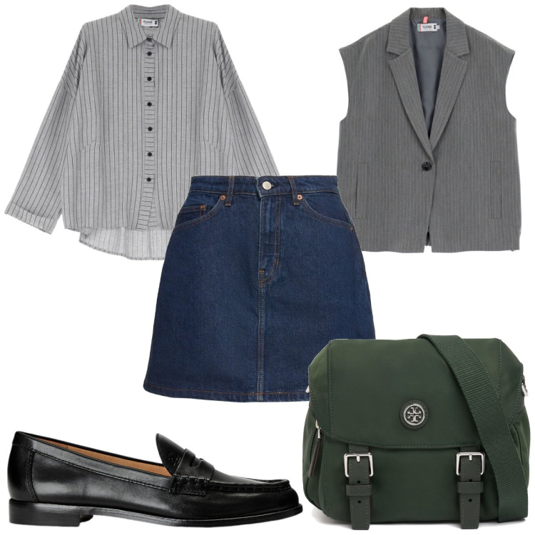 Outfit donna - Preppy in gonna jeans. Stile Preppy per Tutti i giorni. Abbinamento con camicie, gilet, mocassini, borse messenger, minigonne.
