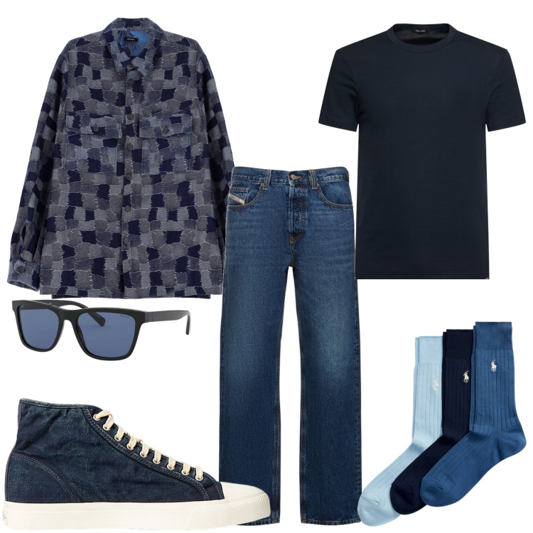 Outfit uomo - La camicia fantasia e top. Stile Trendy per Tutti i giorni. Abbinamento con camicie, sneakers, calzini, occhiali da sole, jeans dritti, t-shirt.
