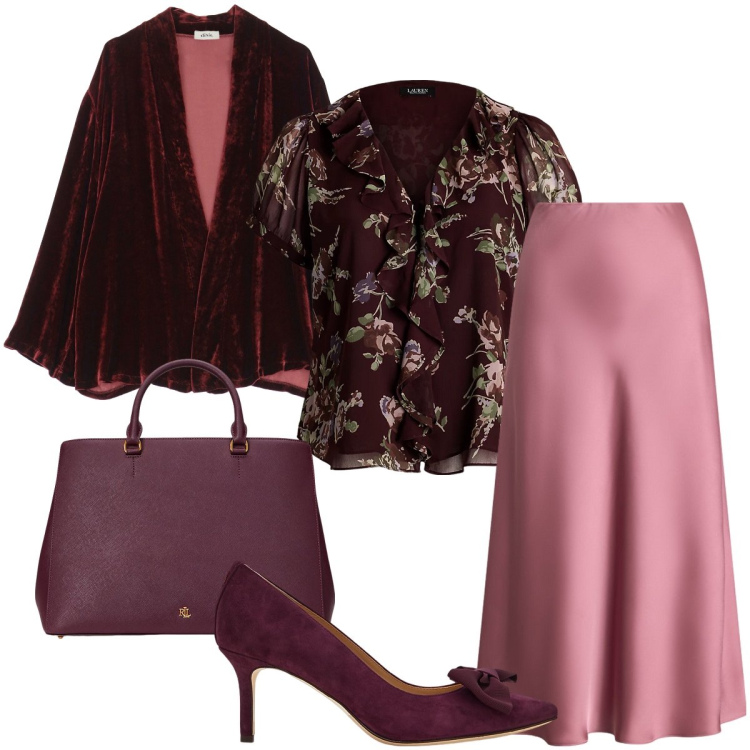 Outfit donna - Dal rosa al bordeaux. Stile Chic per Serata fuori. Abbinamento con blazer, borse a mano, bluse, gonne, décolleté.