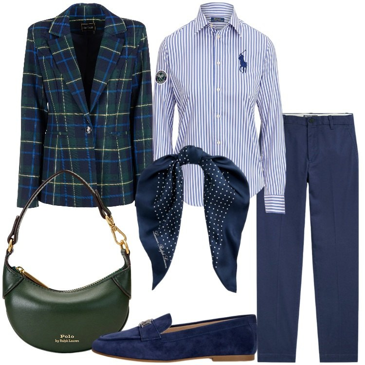 Outfit donna - Speciale Preppy Style. Stile Preppy per Ufficio. Abbinamento con blazer, pantaloni chino, foulard, portafogli, camicie, mocassini.