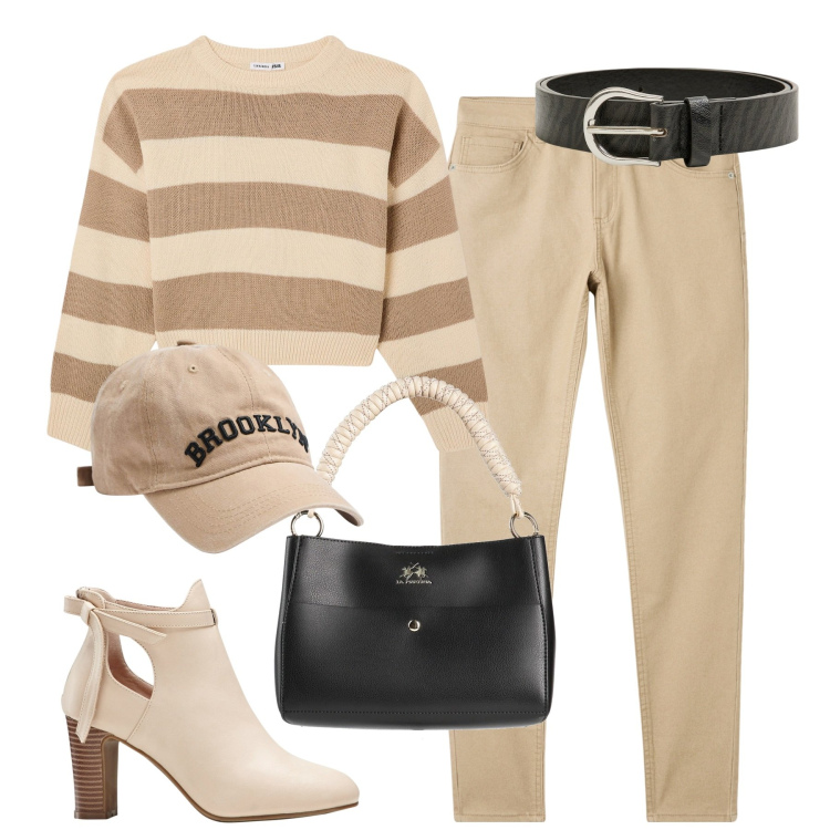 Outfit donna - City. Stile Urban per Tutti i giorni. Abbinamento con stivaletti, borse a mano, maglieria, pantaloni skinny, cappelli, cinture.
