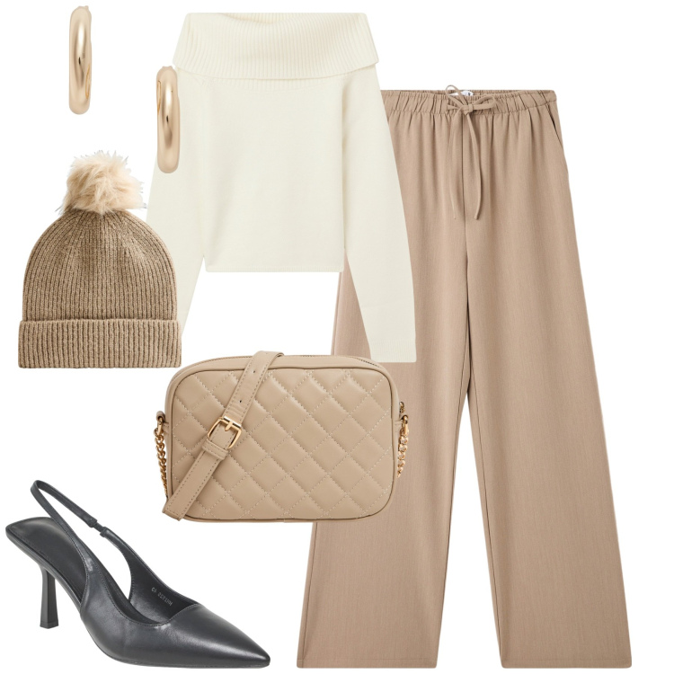 Outfit donna - Wide leg versatili. Stile Urban per Tutti i giorni. Abbinamento con maglieria, pantaloni, décolleté, borse a tracolla, berretti, orecchini.