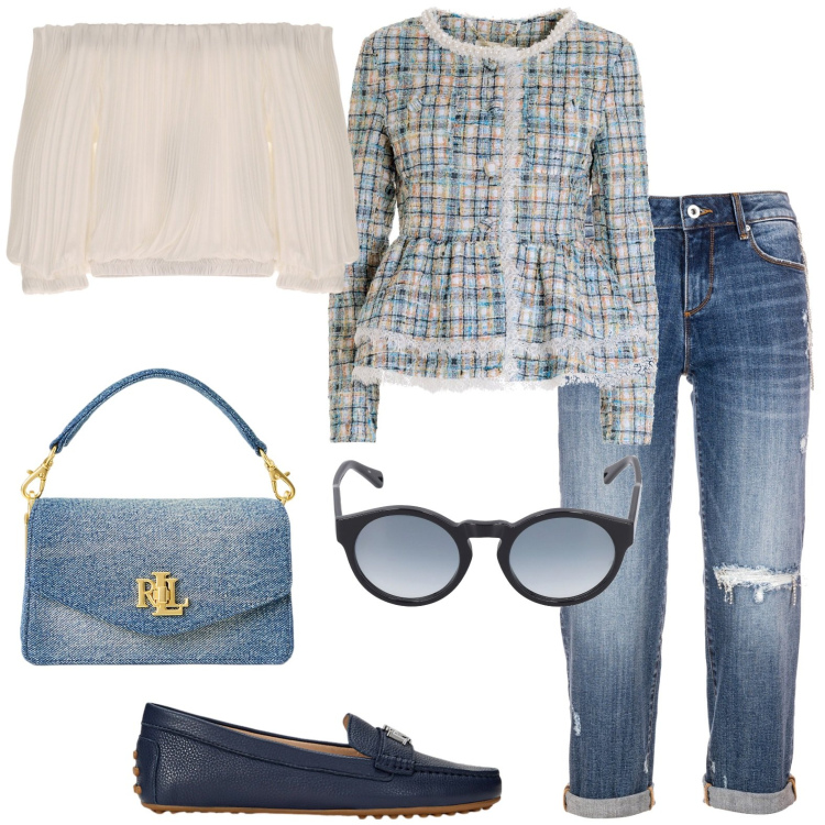 Outfit donna - Total look #1959374. Stile Casual per Tutti i giorni. Abbinamento con blazer, jeans strappati, top, mocassini, borse a tracolla, occhiali da sole.