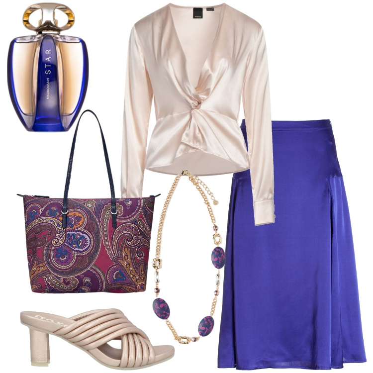 Outfit donna - Total look #1959379. Stile Chic per Serata fuori. Abbinamento con top, sandali in pelle, profumi, gonne longuette, borse tote, ciondoli.