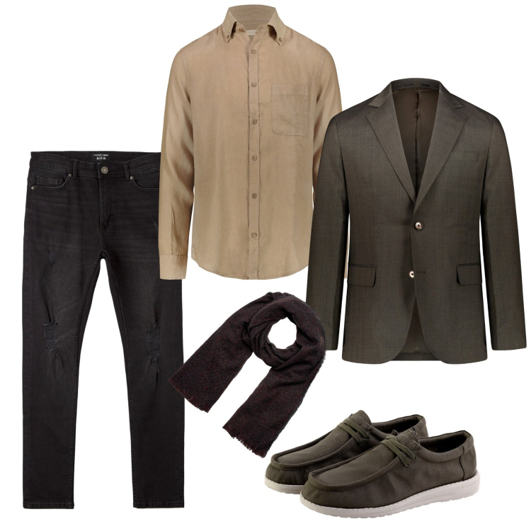 Outfit uomo - Trendy moka. Stile Urban per Tutti i giorni. Abbinamento con jeans strappati, sciarpe, scarpe stringate, camicie, abiti.
