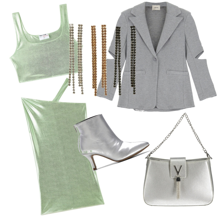 Outfit donna - Glamour. Stile Glamour per Serata fuori. Abbinamento con stivaletti, gonne longuette, top, orecchini, blazer, borse a spalla.