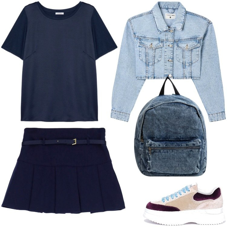 Outfit donna - Preppy blu. Stile Preppy per Scuola/Università. Abbinamento con blazer, zaini, sneakers, minigonne, t-shirt.