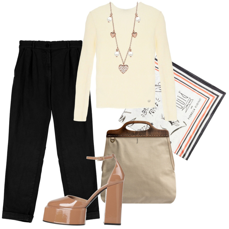 Outfit donna - Sciccherie. Stile Chic per Tutti i giorni. Abbinamento con décolleté, collane, pullovers, pantaloni chino, borse a tracolla, foulard.