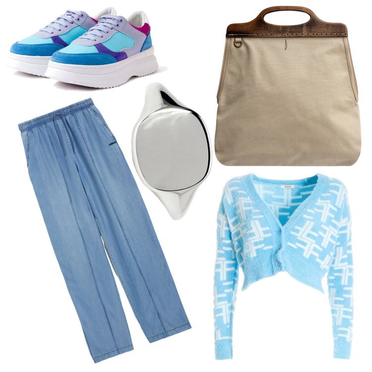 Outfit donna - Scuola. Stile Casual per Scuola/Università. Abbinamento con anelli, cardigans, sneakers, jeans, borse a tracolla.