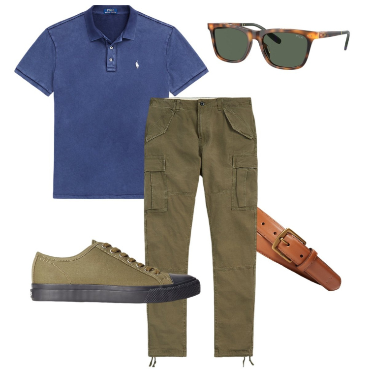 Outfit uomo - I pantaloni cargo. Stile Urban per Tutti i giorni. Abbinamento con sneakers, cinture, pantaloni cargo, polo, occhiali da sole.
