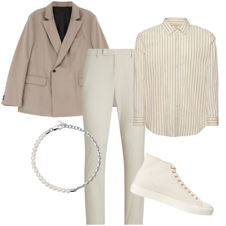 Outfit uomo - Colori chiari eleganti. Stile Business/Elegante per Cerimonia. Abbinamento con braccialetti, giacche, sneakers, pantaloni, camicie.