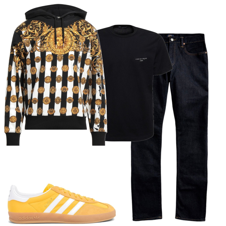 Outfit uomo - City. Stile Urban per Tutti i giorni. Abbinamento con felpe con cappuccio, jeans, t-shirt, sneakers.