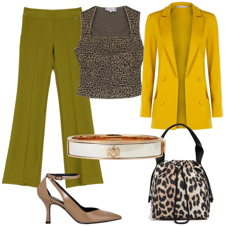 Outfit donna - Settembre casual glamour. Stile Glamour per Serata fuori. Abbinamento con top, pantaloni, blazer, décolleté, braccialetti, borse a mano.