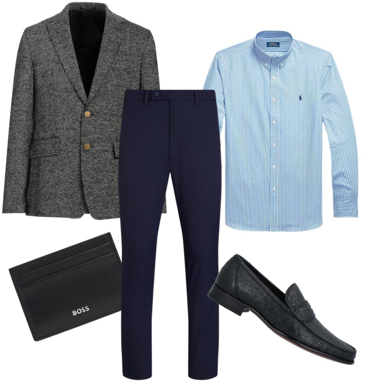 Outfit uomo - La giacca melange. Stile Business/Elegante per Serata speciale. Abbinamento con giacche, scarpe stringate, camicie, pantaloni, portafogli.