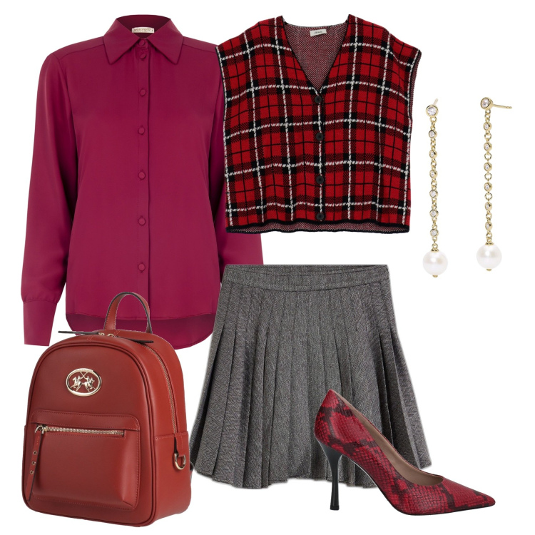 Outfit donna - Total look #1959454. Stile Preppy per Ufficio. Abbinamento con minigonne, zaini, décolleté, orecchini, camicie, gilet.