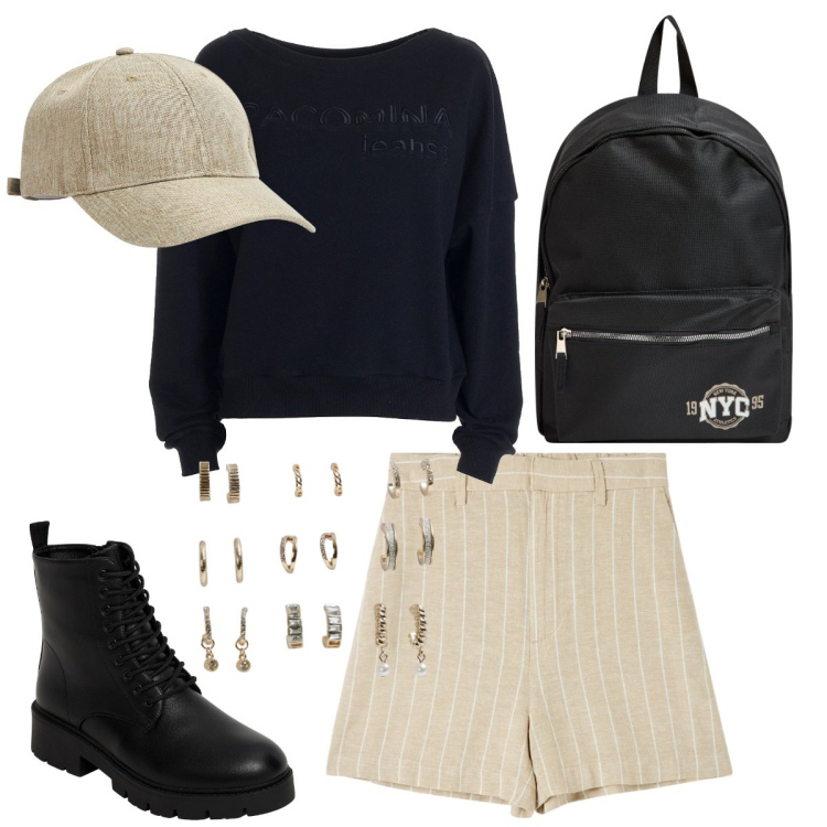 Outfit donna - Back to school. Stile Casual per Scuola/Università. Abbinamento con bermuda, cappelli, zaini, anfibi, orecchini, felpe.