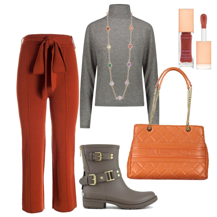 Outfit donna - Mood d\'autunno. Stile Casual per Ufficio. Abbinamento con rossetti, collane, pantaloni, stivali, maglieria, borse a spalla.