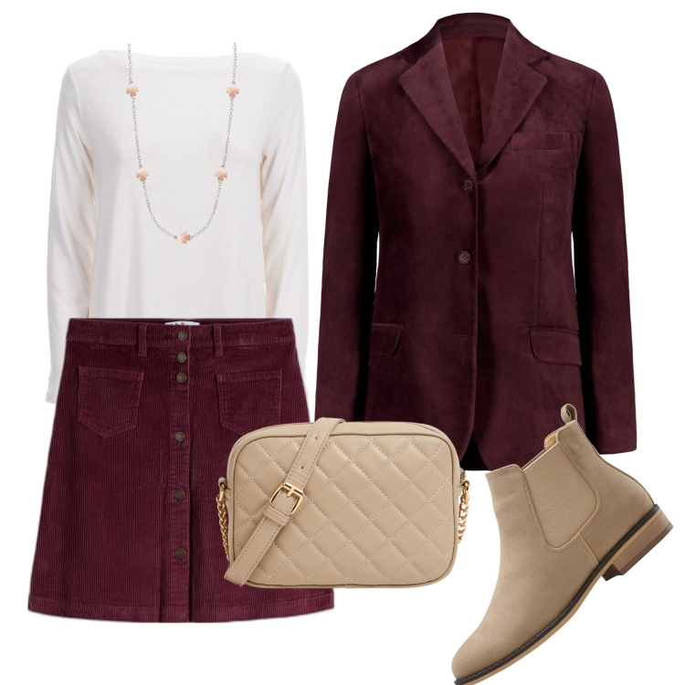 Outfit donna - Burgundy Autumn. Stile Bon Ton per Tutti i giorni. Abbinamento con stivaletti chelsea, gonne, borse a tracolla, collane, blazer, maglieria.