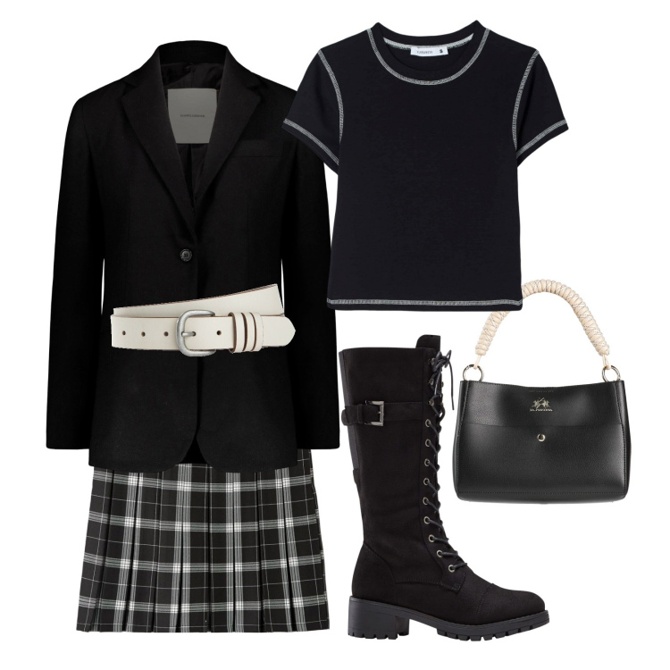 Outfit donna - Stampa a quadretti!!!. Stile Preppy per Scuola/Università. Abbinamento con stivali, cinture, borse a mano, minigonne, t-shirt, blazer.