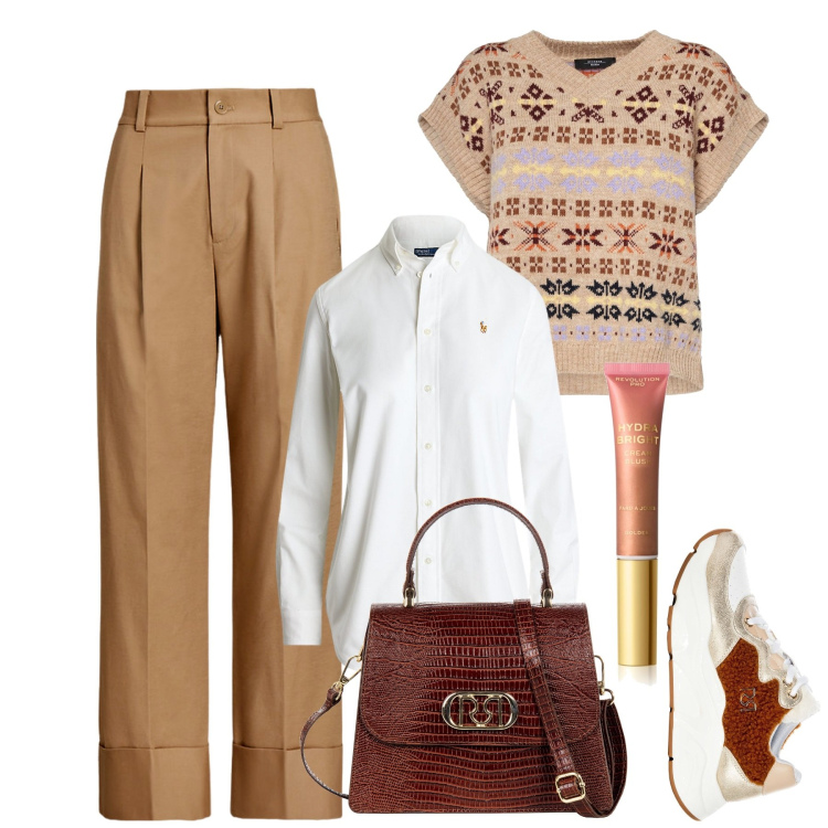 Outfit donna - Settembre. Stile Bon Ton per Tutti i giorni. Abbinamento con blush, sneakers, borse a mano, camicie, pantaloni, gilet.