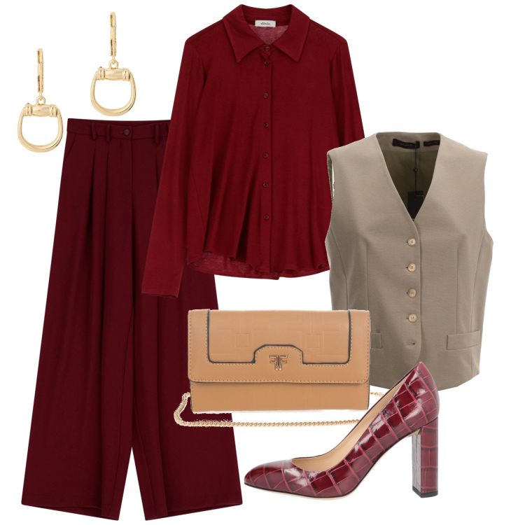 Outfit donna - Calde tonalità burgundy. Stile Chic per Ufficio. Abbinamento con décolleté, pantaloni, borse a spalla, camicie, orecchini, gilet.