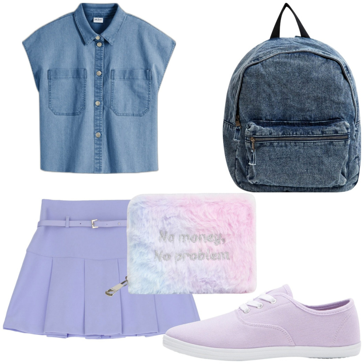 Outfit donna - Total look #1959524. Stile Preppy per Scuola/Università. look ideale per Petite. Abbinamento con sneakers, camicie, portafogli, zaini, minigonne.